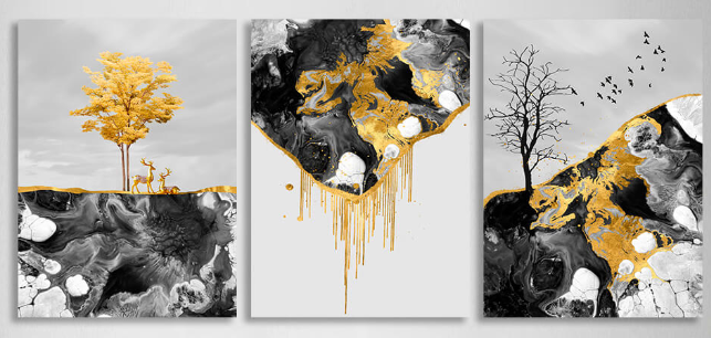 Modulares abstraktes Bild in dunklen Farbtönen mit goldener Farbe, mehrteiliger Kunstdruck auf Leinwand