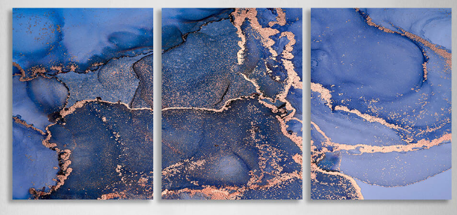 Modularer abstrakter mehrteiliger Kunstdruck auf Leinwand in Blau und Gold