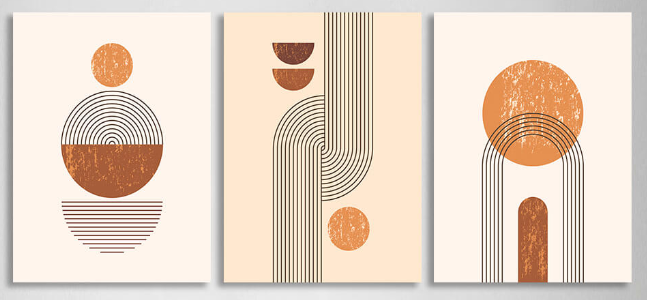 Modularer Kunstdruck auf Leinwand, Motiv Figuren in Beige und Senf, mehrteilig