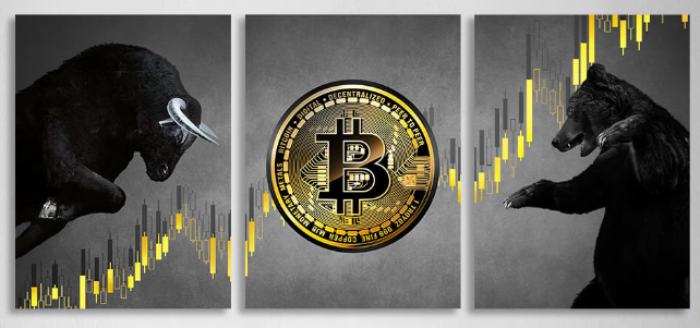 Motivations modular 3-piece Bitcoin bull and bear on gray background Multi Panel Canvas Wall Art Print