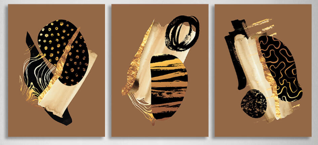 Modularer abstrakter Kunstdruck auf mehrteiliger Leinwand in den Farben Gold, Schwarz und Beige