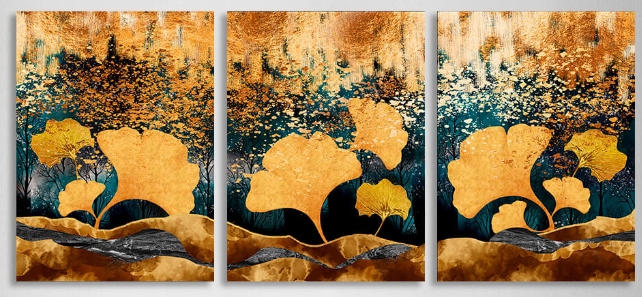 Modularer, abstrakter Kunstdruck auf Leinwand, mehrere Teile, Gelbgold