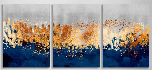 Modularer, grau-goldener abstrakter Kunstdruck mit blauen Elementen, mehrere Teile auf Leinwand