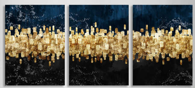 Modularer abstrakter Kunstdruck auf Leinwand, mehrteilig, Schwarz und Gold