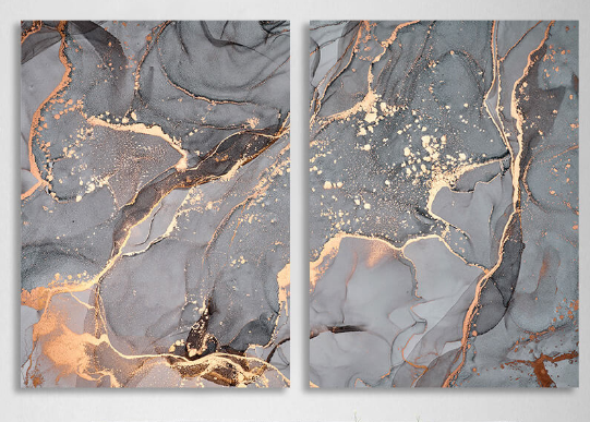 Modularer, grauer, abstrakter Kunstdruck mit goldenen Linien, mehrere Teile auf Leinwand