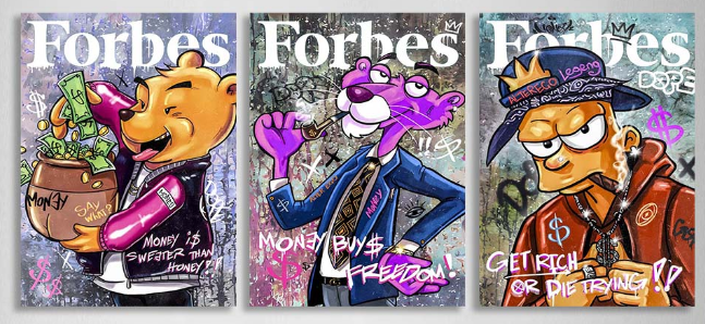 Mehrteiliger Kunstdruck auf Leinwand, Zeichentrickfiguren auf dem Cover des Forbes