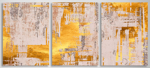 Modulare Abstraktion in Beige- und Goldtönen, mehrteiliger Kunstdruck auf Leinwand