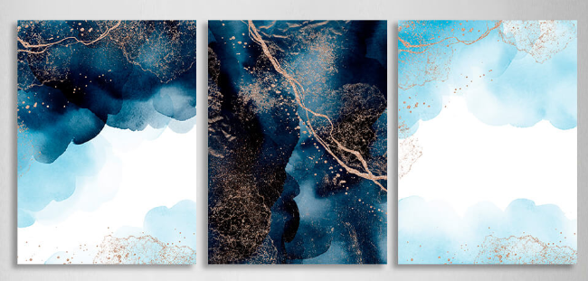 Modularer Kunstdruck auf Leinwand, abstrakt, Marineblau mit goldenen Elementen, mehrere Teile