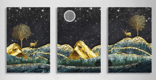 Mehrteiliger Kunstdruck auf Leinwand, Goldener Hirsch auf dem Hintergrund des Sternenhimmels