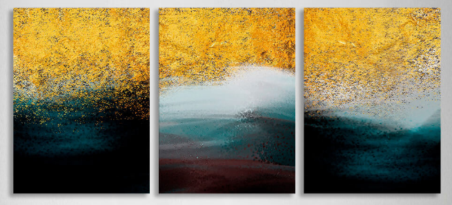 Modulares Wandbild aus drei Teilen in Gold, Weiß und dunklen Farben, mehrteilig, auf Leinwand
