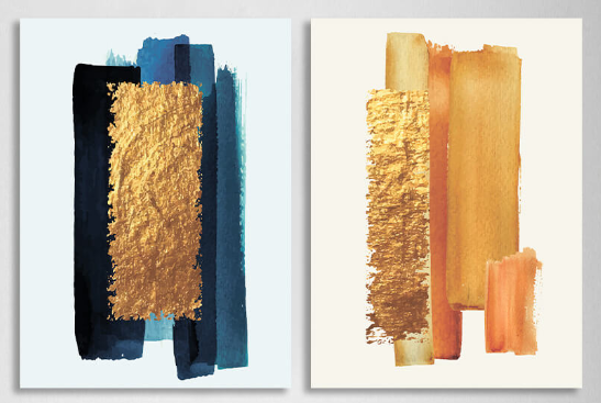 Modularer Kunstdruck auf Leinwand, mehrteilig, goldfarben und blau, auf weißem Hintergrund