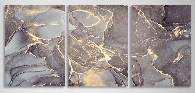 Modularer, grauer, abstrakter Kunstdruck mit goldenen Elementen, mehrere Teile auf Leinwand