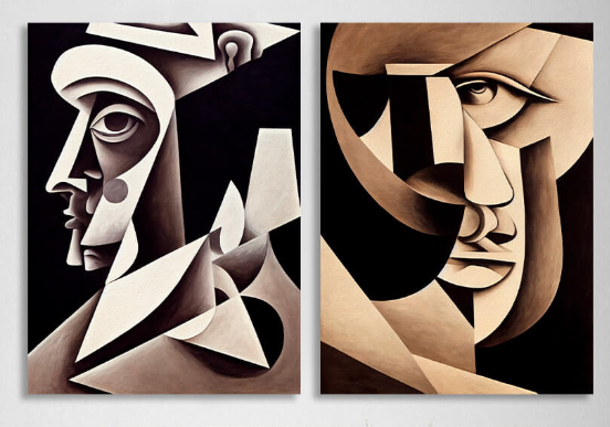 Modulares 2-teiliges Diptychon „Zwei Porträts, abstrakter Kubismus“, mehrteiliger Kunstdruck auf Leinwand