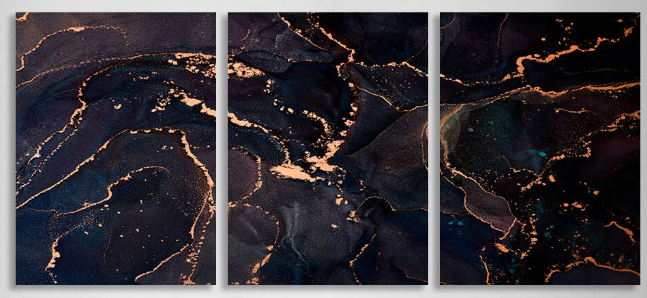 Modularer Kunstdruck auf Leinwand, dunkel, abstrakt, mit goldenen Elementen, mehrere Teile