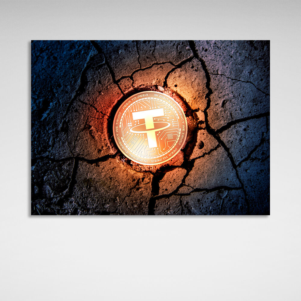 Tether USDT gold coin on the ground Inspirational Canvas Wall Art Print