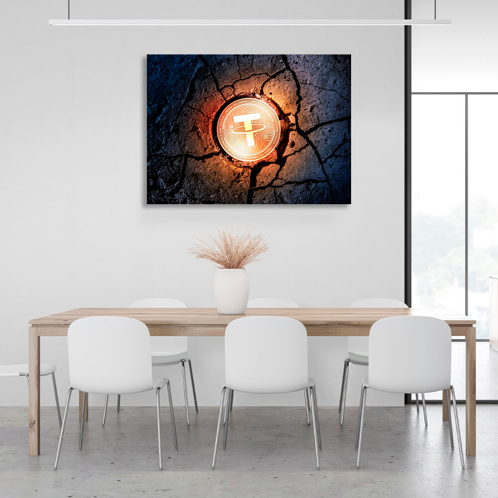 Tether USDT gold coin on the ground Inspirational Canvas Wall Art Print