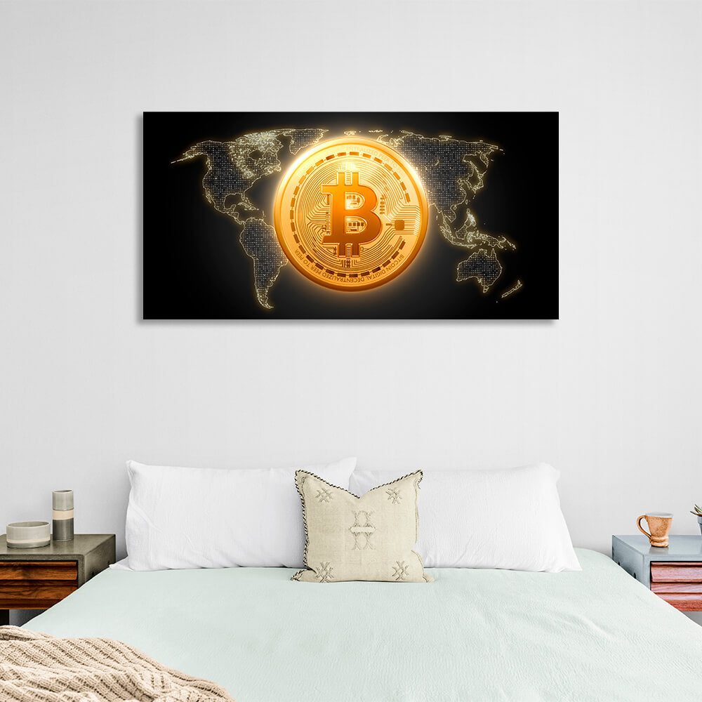 Bitcoin Goldmünze Bitcoin Karte Hintergrund Inspirierender Leinwanddruck