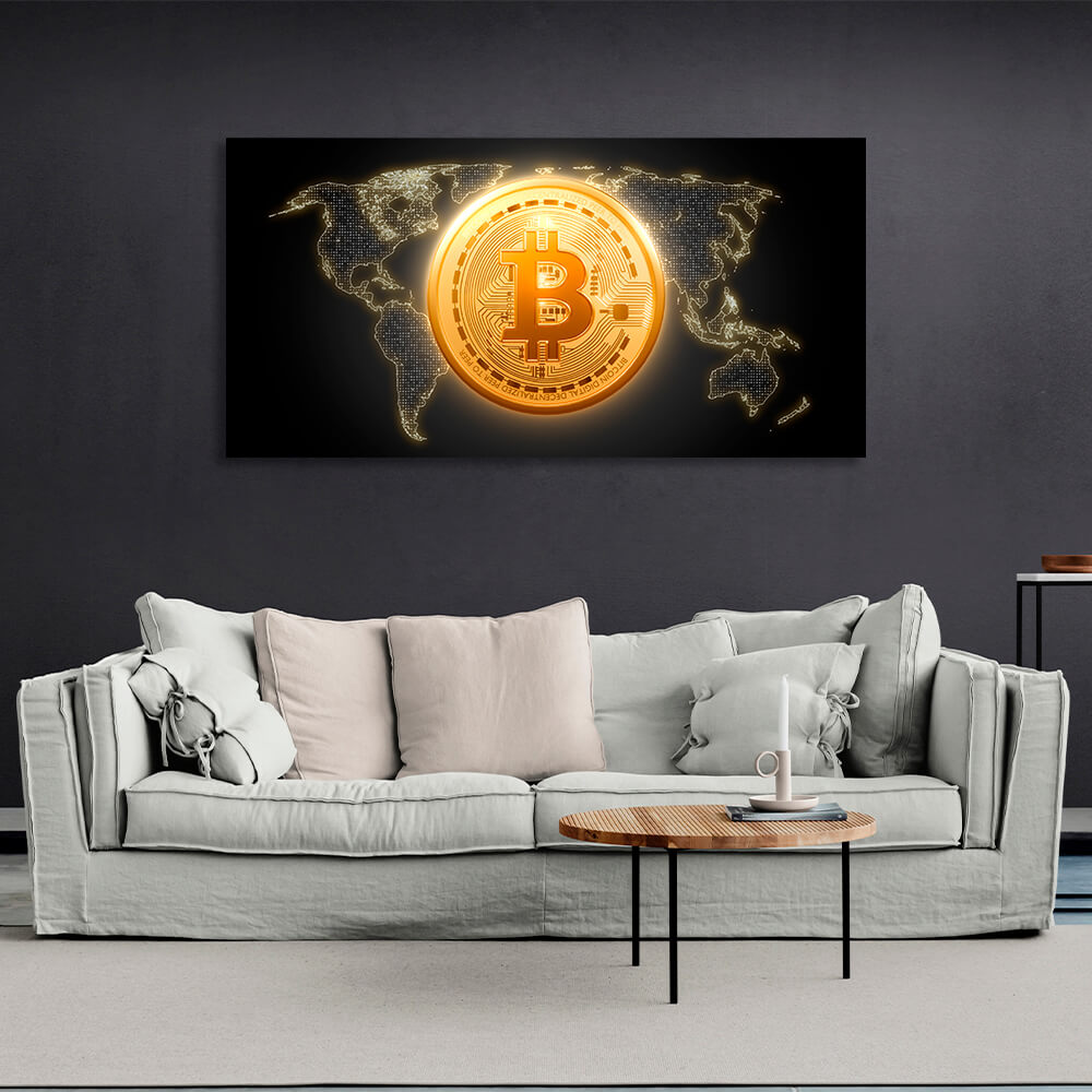 Bitcoin Goldmünze Bitcoin Karte Hintergrund Inspirierender Leinwanddruck