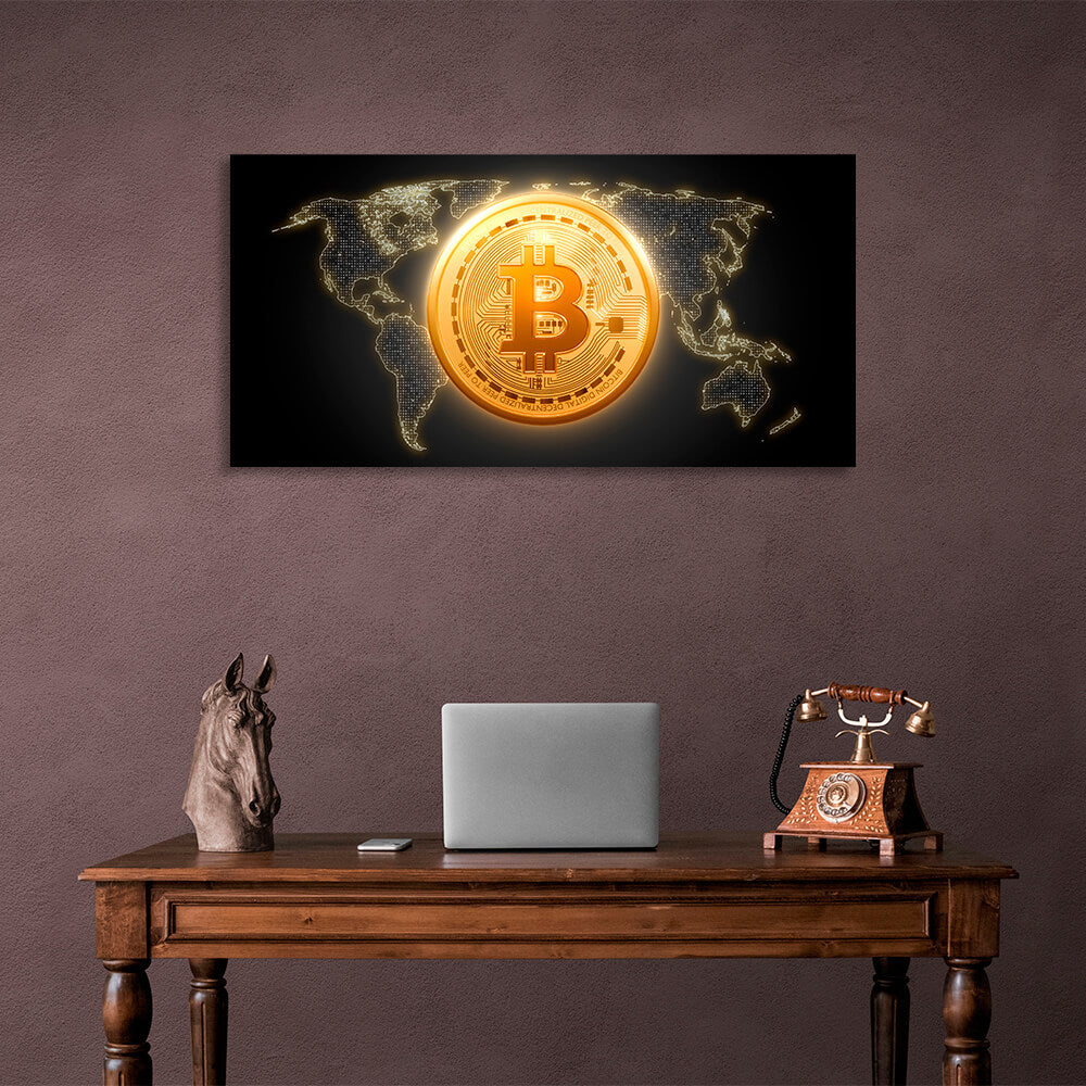 Bitcoin Goldmünze Bitcoin Karte Hintergrund Inspirierender Leinwanddruck