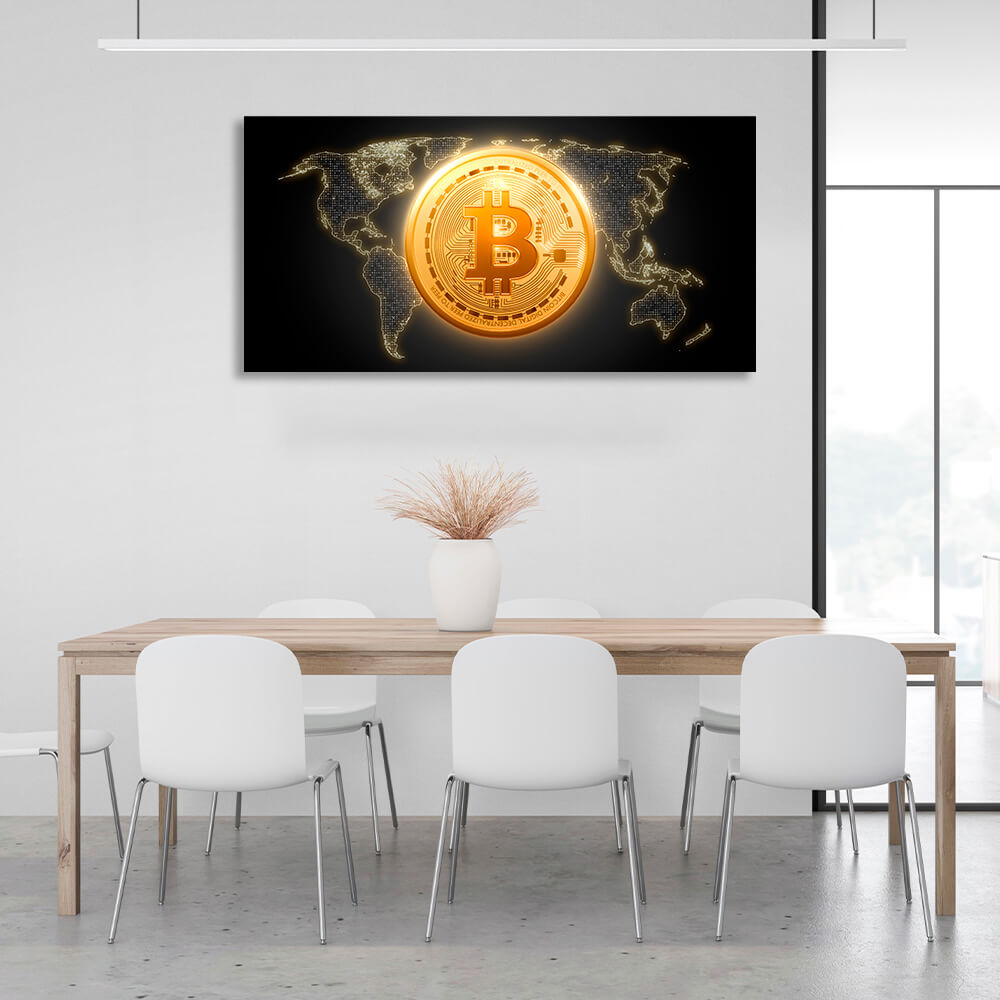 Bitcoin Goldmünze Bitcoin Karte Hintergrund Inspirierender Leinwanddruck