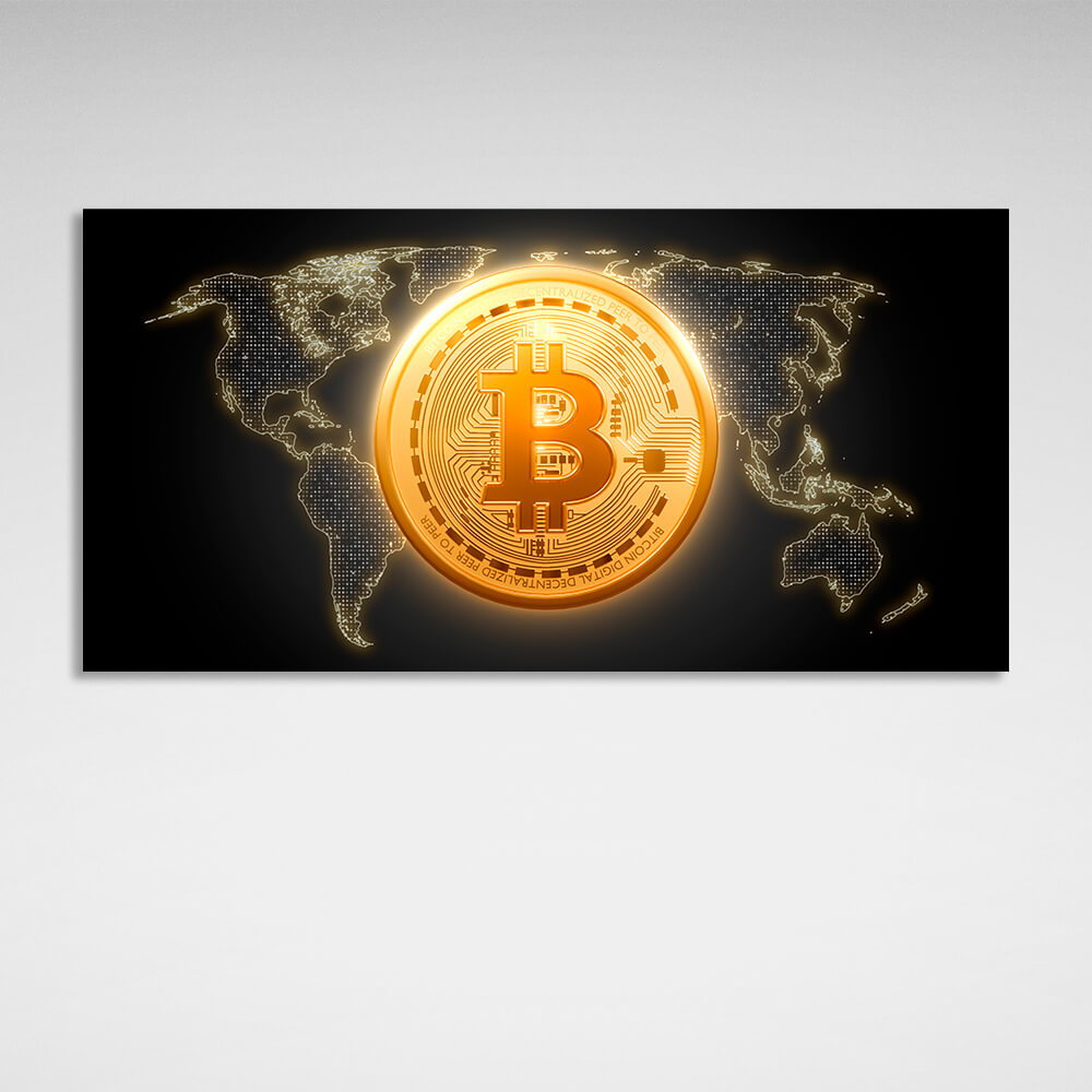 Bitcoin Goldmünze Bitcoin Karte Hintergrund Inspirierender Leinwanddruck