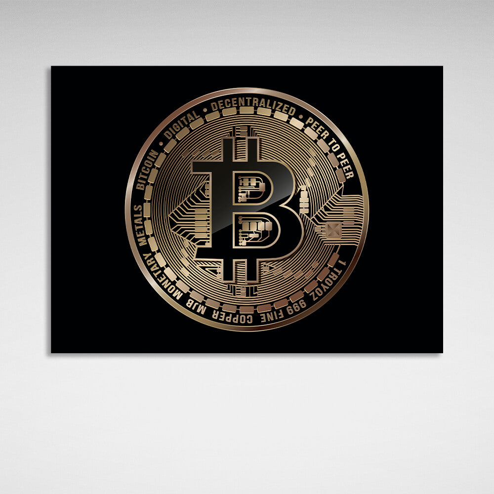 Bitcoin gold coin on a black background Inspirational Canvas Wall Art Print