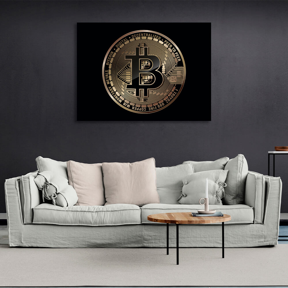 Bitcoin-Goldmünze auf schwarzem Hintergrund, inspirierender Kunstdruck auf Leinwand