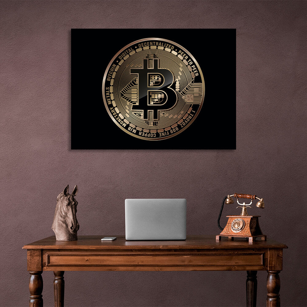 Bitcoin-Goldmünze auf schwarzem Hintergrund, inspirierender Kunstdruck auf Leinwand