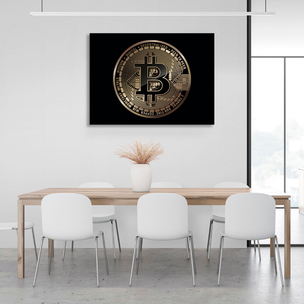 Bitcoin-Goldmünze auf schwarzem Hintergrund, inspirierender Kunstdruck auf Leinwand