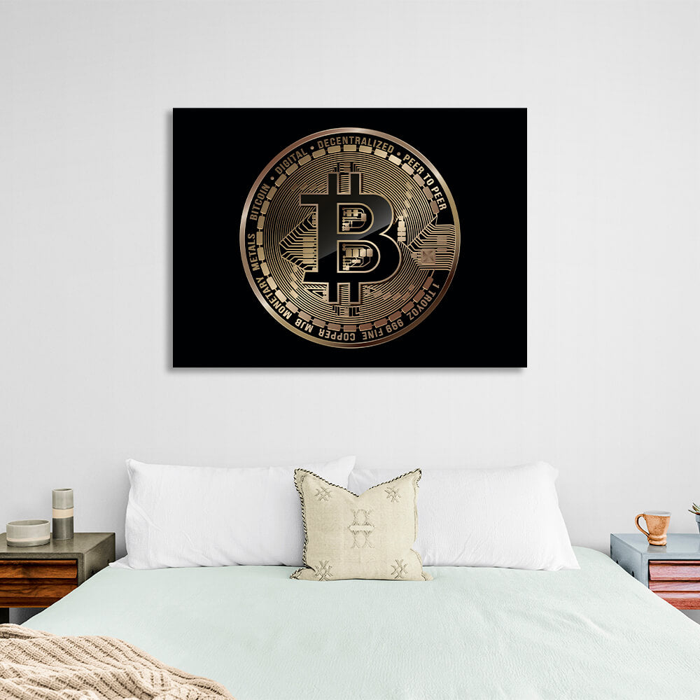 Bitcoin-Goldmünze auf schwarzem Hintergrund, inspirierender Kunstdruck auf Leinwand