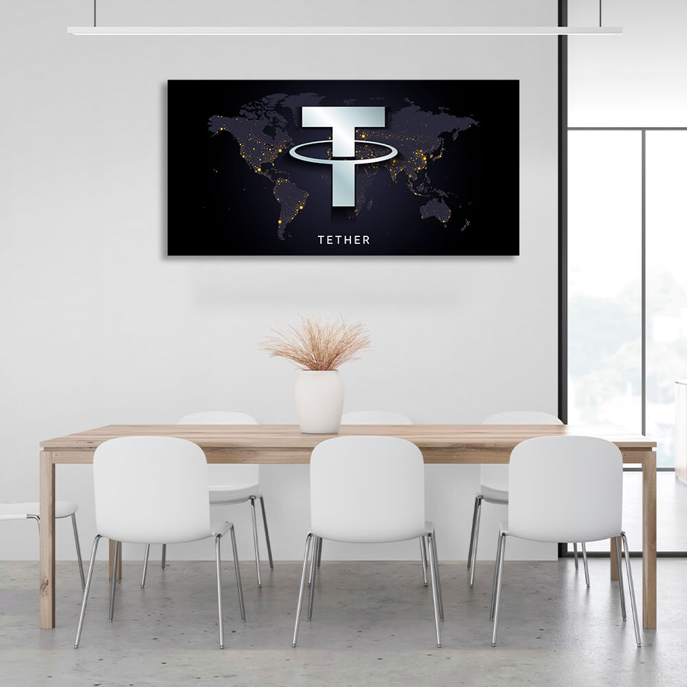 Tezer USDT logo on the map background Inspirational Canvas Wall Art Print