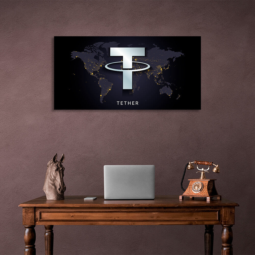 Tezer USDT-Logo auf dem Kartenhintergrund Inspirierender Leinwand-Kunstdruck