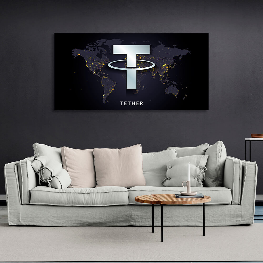 Tezer USDT-Logo auf dem Kartenhintergrund Inspirierender Leinwand-Kunstdruck