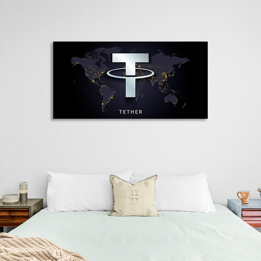 Tezer USDT-Logo auf dem Kartenhintergrund Inspirierender Leinwand-Kunstdruck