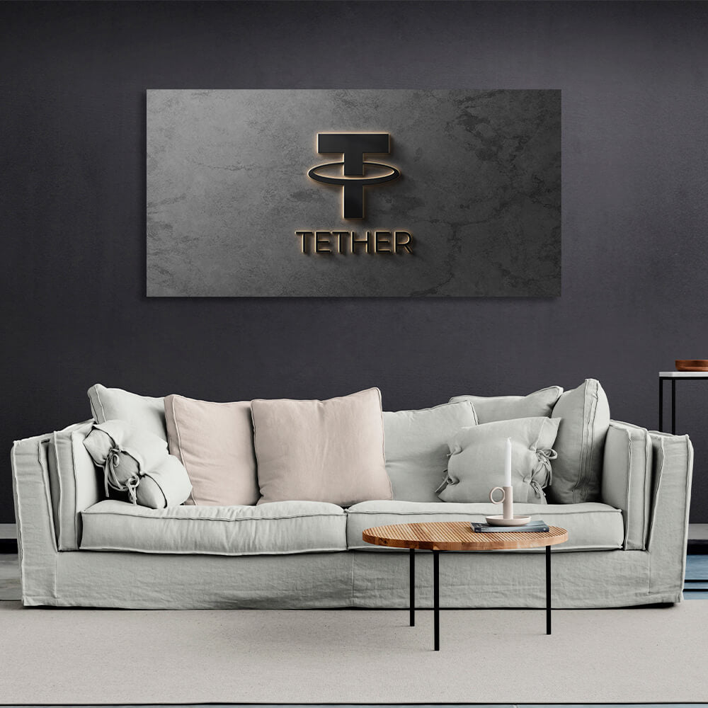 Tether USDT Kryptowährungslogo auf grauem Hintergrund Inspirierender Leinwand-Wandkunstdruck