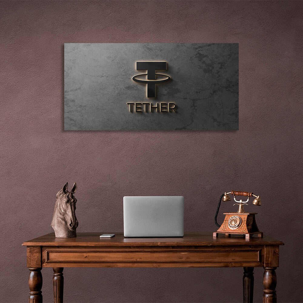 Tether USDT Kryptowährungslogo auf grauem Hintergrund Inspirierender Leinwand-Wandkunstdruck