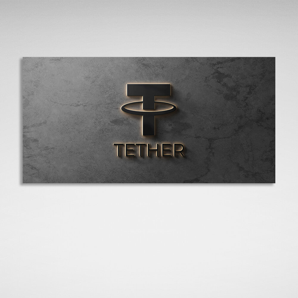 Tether USDT Kryptowährungslogo auf grauem Hintergrund Inspirierender Leinwand-Wandkunstdruck