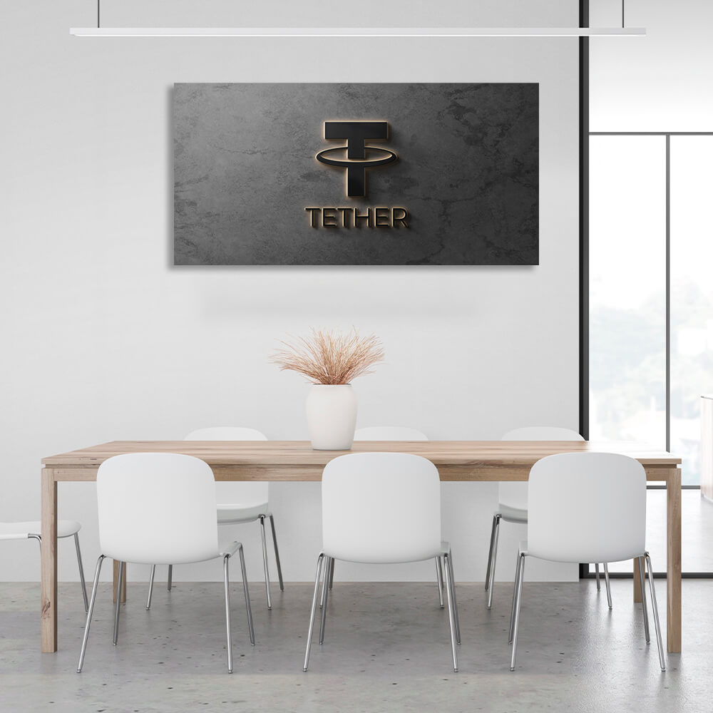 Tether USDT cryptocurrency logo on a gray background Inspirational Canvas Wall Art Print