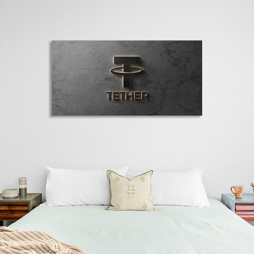 Tether USDT Kryptowährungslogo auf grauem Hintergrund Inspirierender Leinwand-Wandkunstdruck