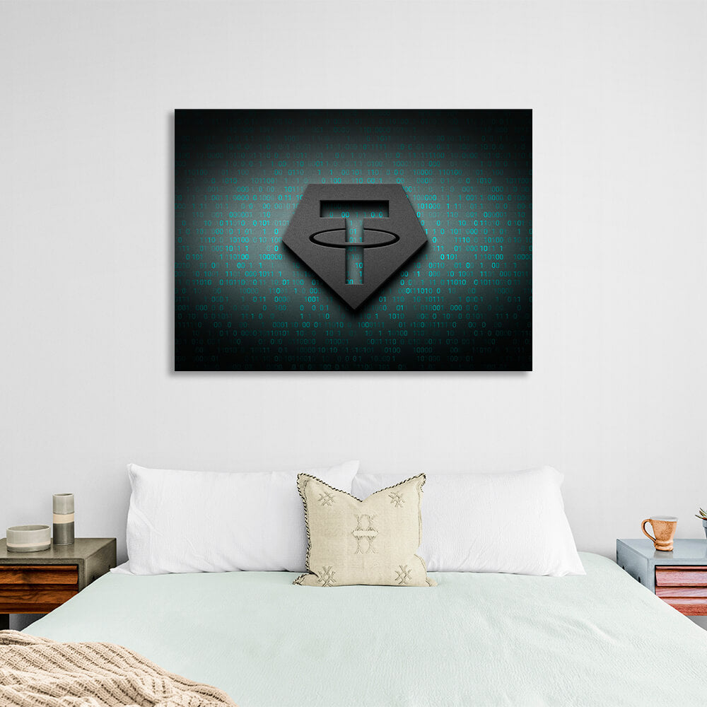 Tezer USDT Logo Binärcode Inspirierender Kunstdruck auf Leinwand