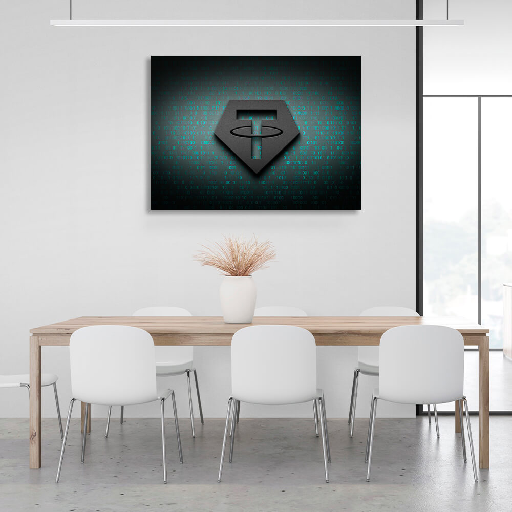 Tezer USDT Logo Binärcode Inspirierender Kunstdruck auf Leinwand