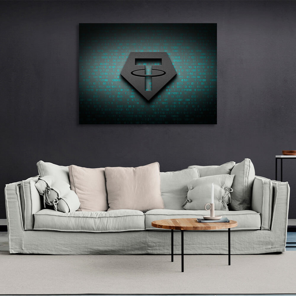 Tezer USDT Logo Binärcode Inspirierender Kunstdruck auf Leinwand