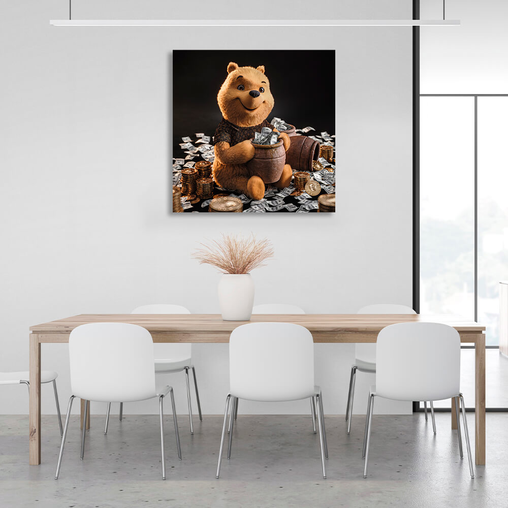 A bear with a pot of money Canvas Wall Art Print