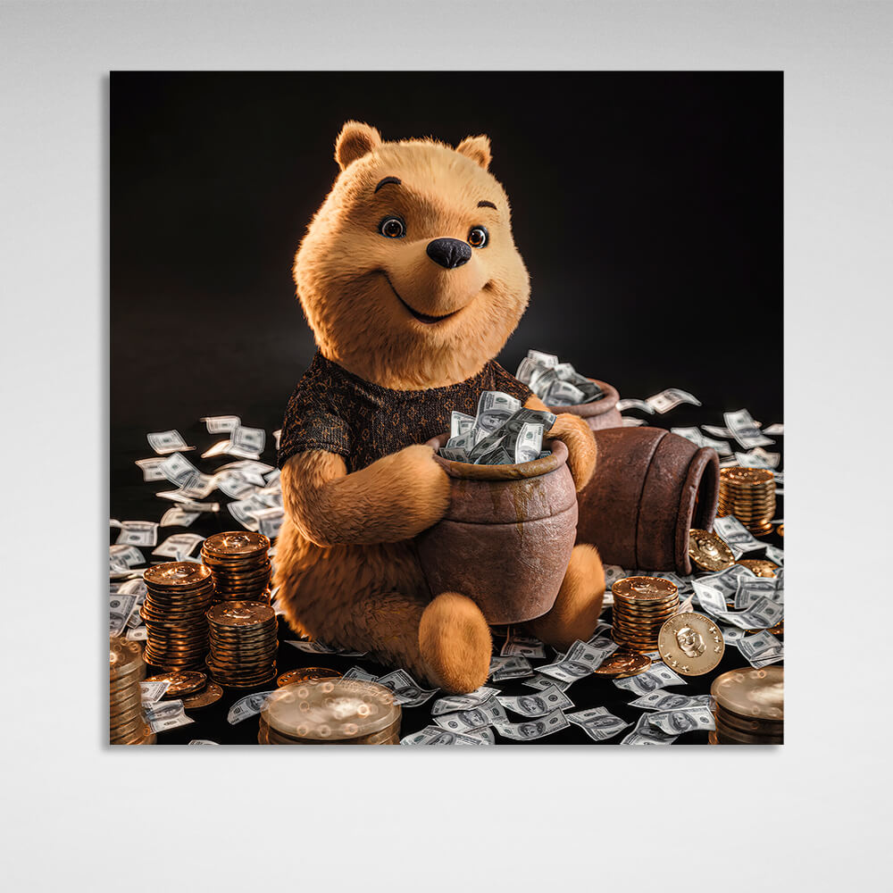 A bear with a pot of money Canvas Wall Art Print