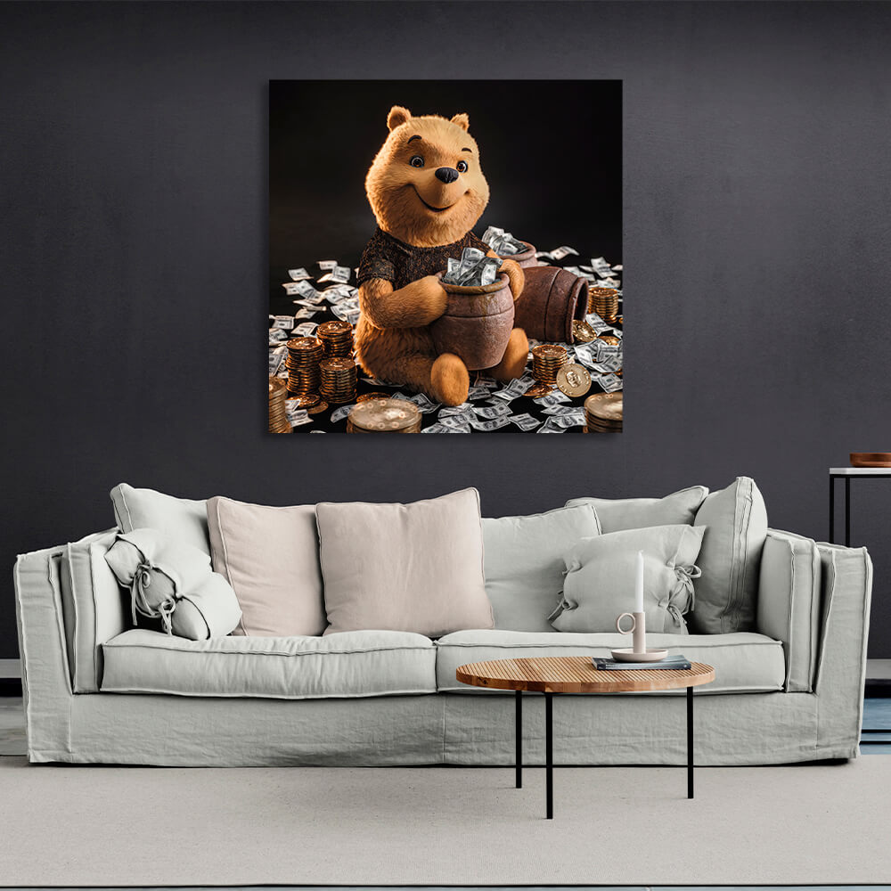 A bear with a pot of money Canvas Wall Art Print