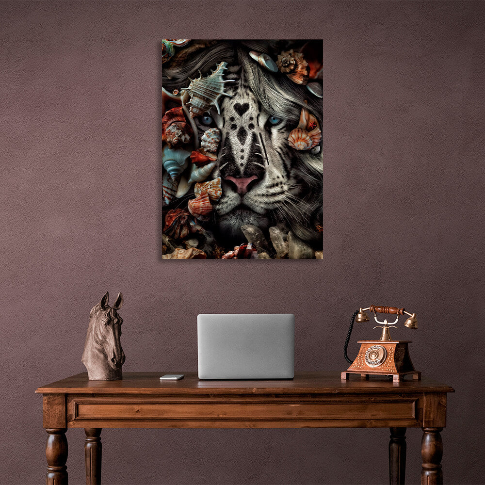 Interior White tiger and seashells Canvas Wall Art Print