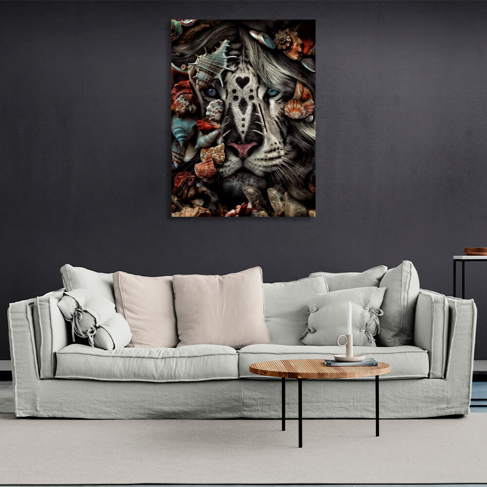 Interior White tiger and seashells Canvas Wall Art Print