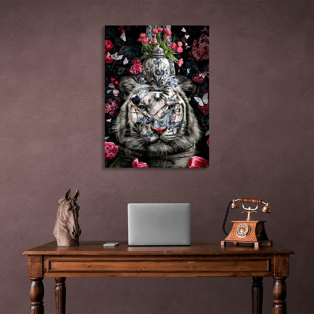 Interior White tiger in flowers Canvas Wall Art Print