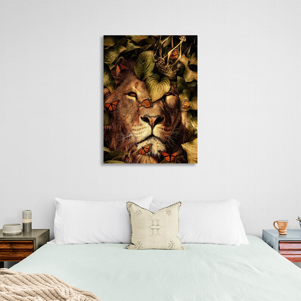 Interior The lion and the butterflies in the leaves Canvas Wall Art Print