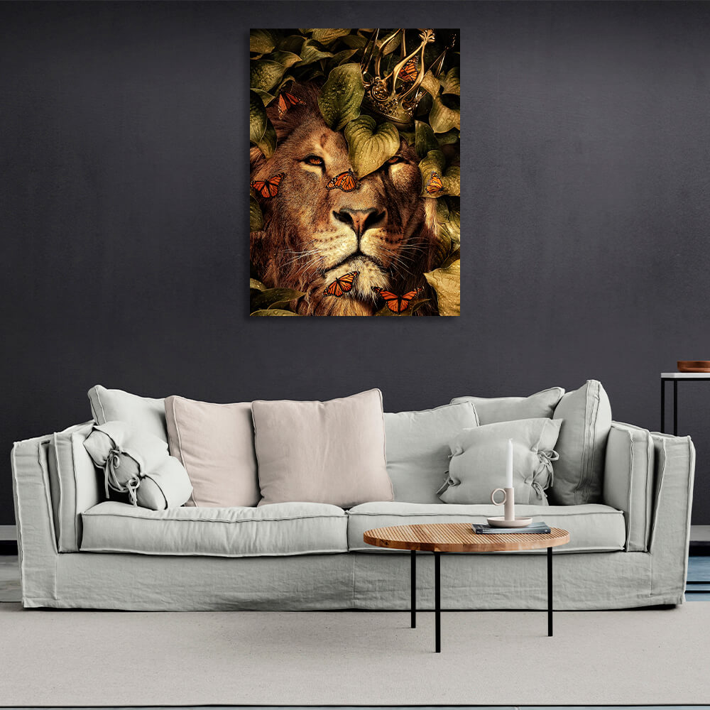 Interior The lion and the butterflies in the leaves Canvas Wall Art Print